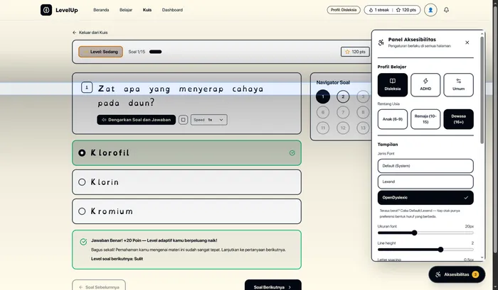 Adaptive quiz using the Dyslexia reading profile